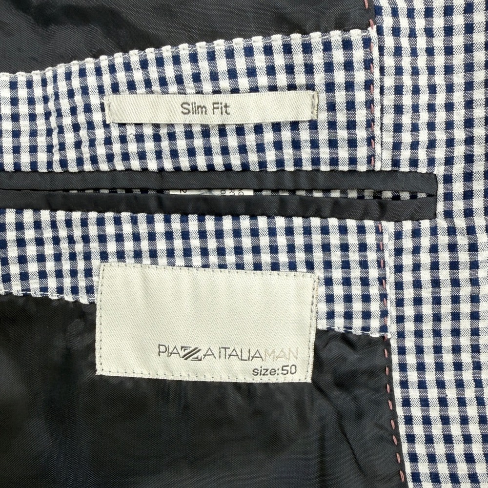 Piazza Italia Man Seersucker Gingham Slim Fit Blazer Blue White Size 50 - Picture 4 of 8